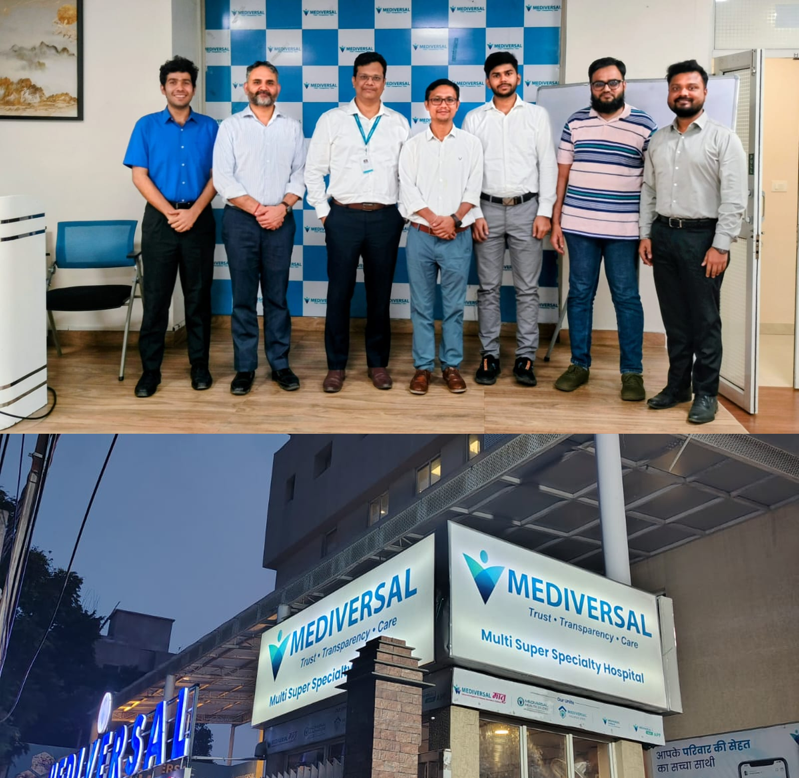 Surgy Health and Mediversal Hospitals leaders together in Patna, with the Mediversal hospital exterior