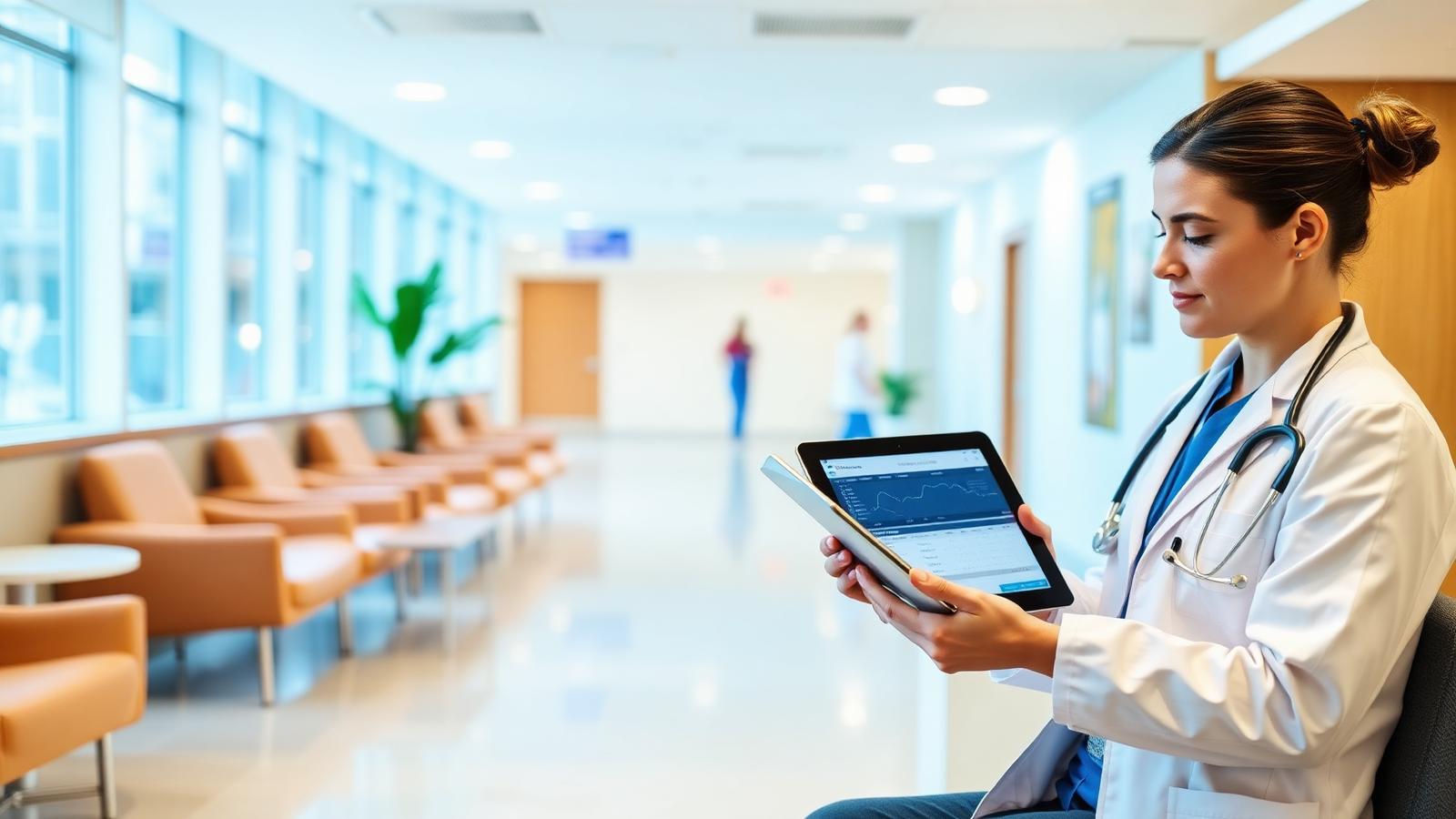 Hospital care coordinator reviewing a patient journey on a tablet in a bright modern hospital