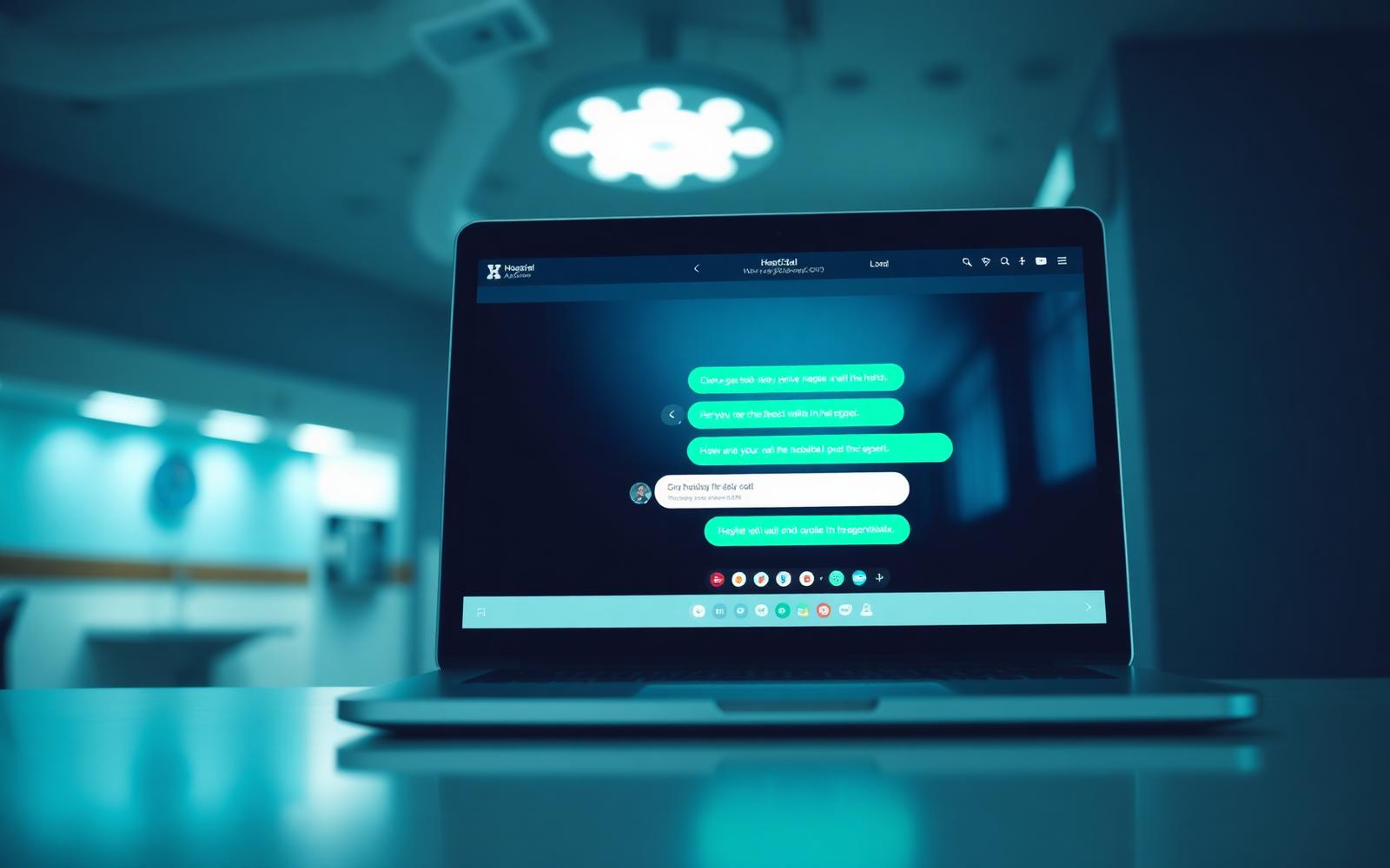 Softly-lit hospital reception at night with a chat conversation glowing on a laptop screen