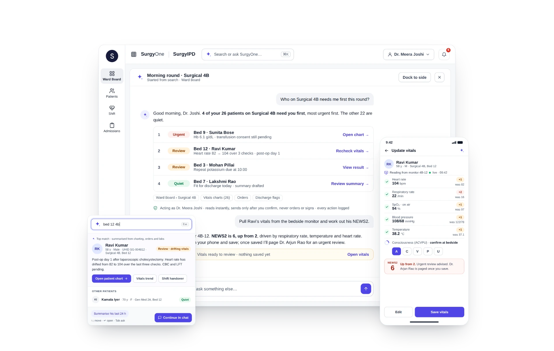 SurgyOne agentic AI hospital information system: IPD ward board, AI assistant and bedside vitals
