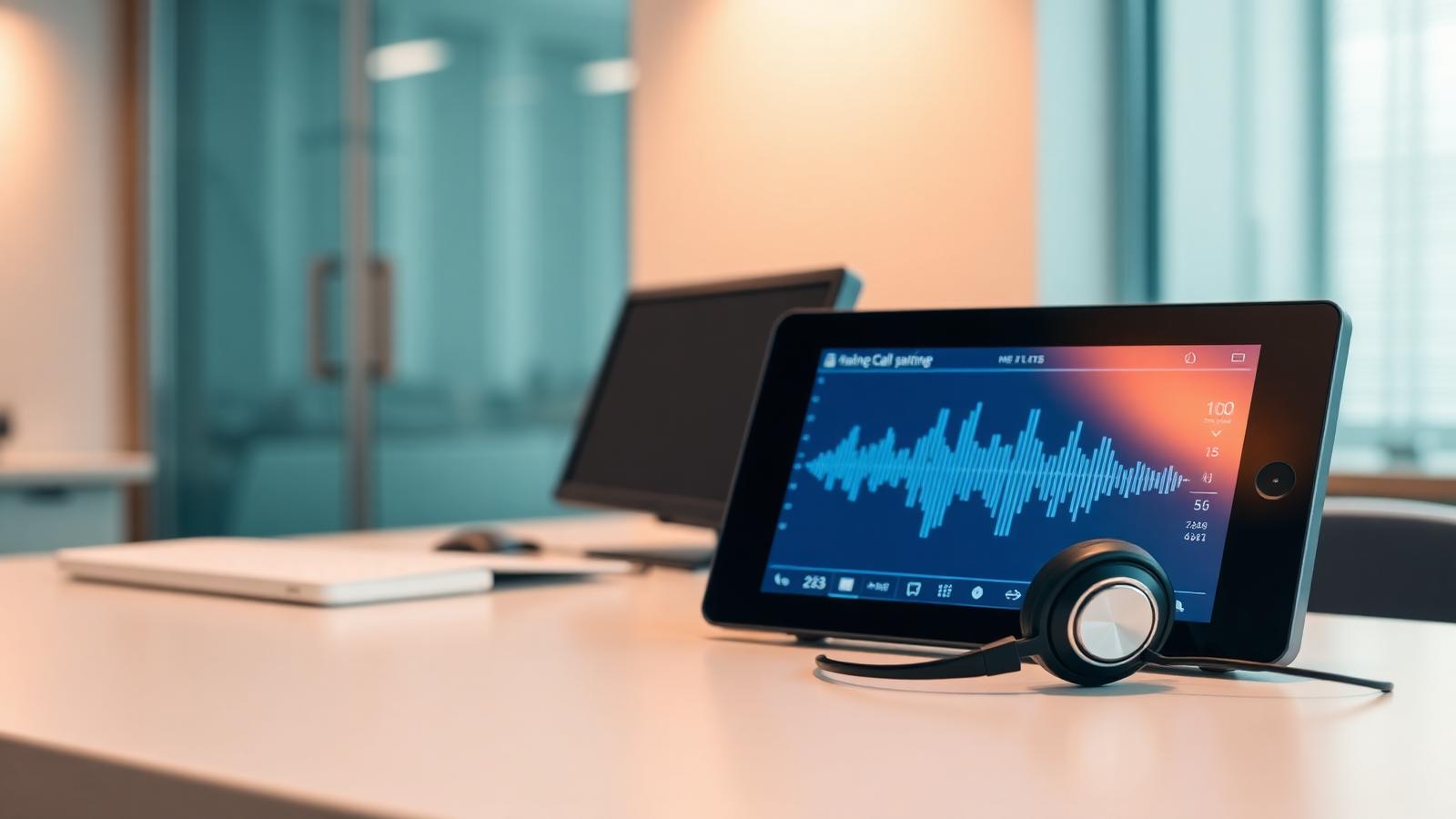 Modern hospital call-center desk with a headset and a voice waveform on screen