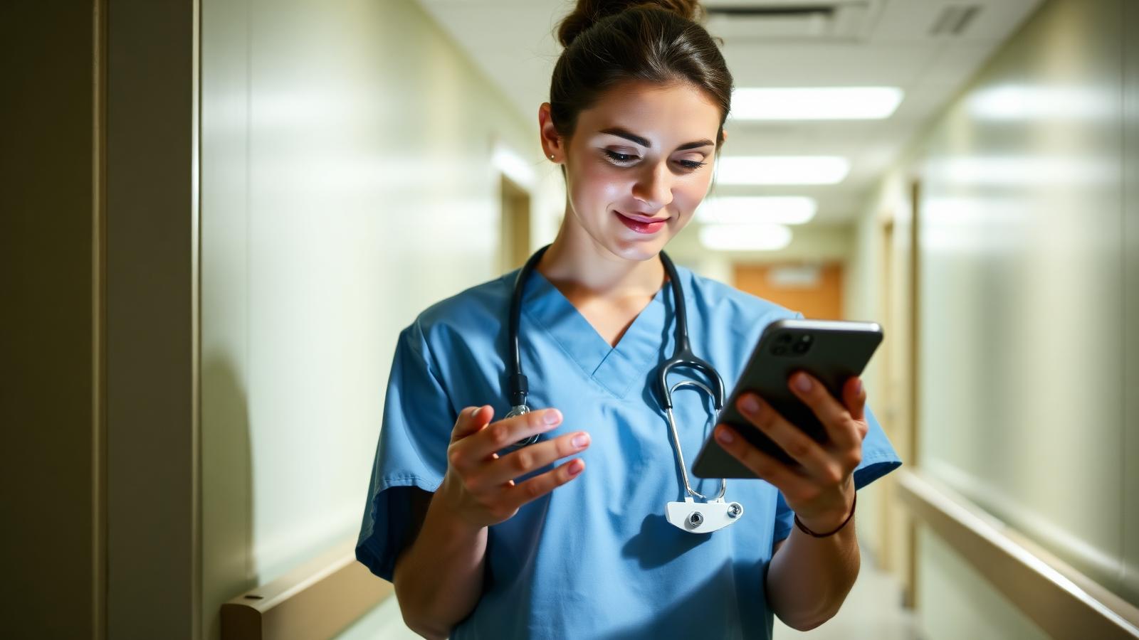 Nurse learning on a mobile phone in a hospital corridor