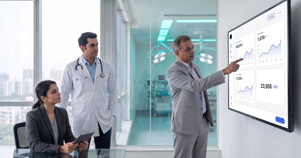 Hospital leadership team reviewing operating theatre analytics on a dashboard