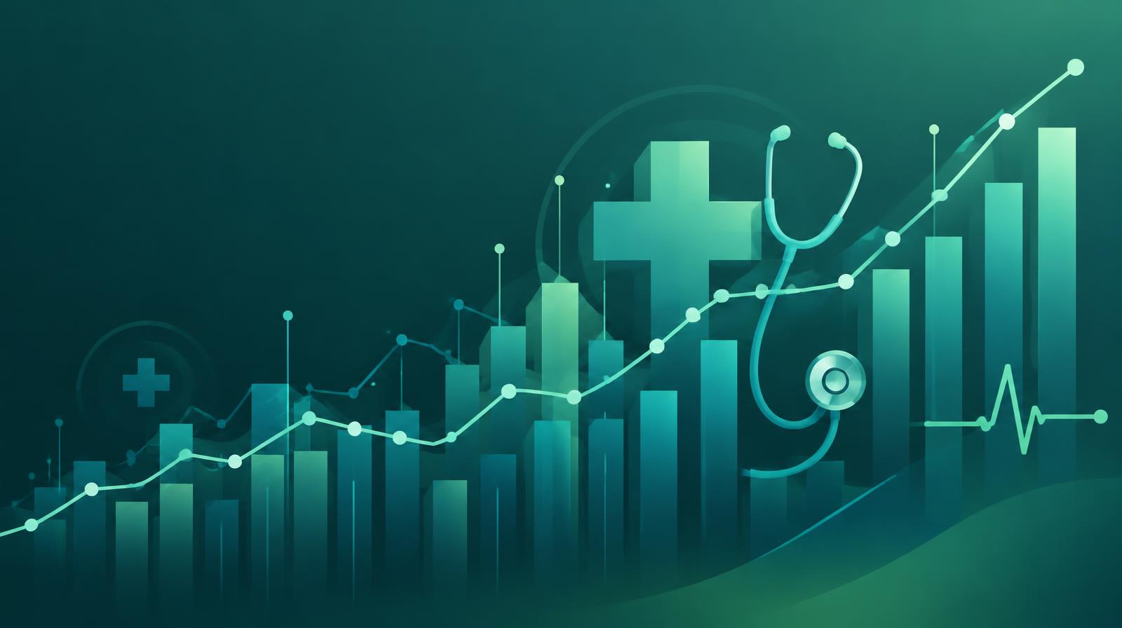 Abstract data visualisation of rising healthcare AI statistics with medical cross and stethoscope motifs