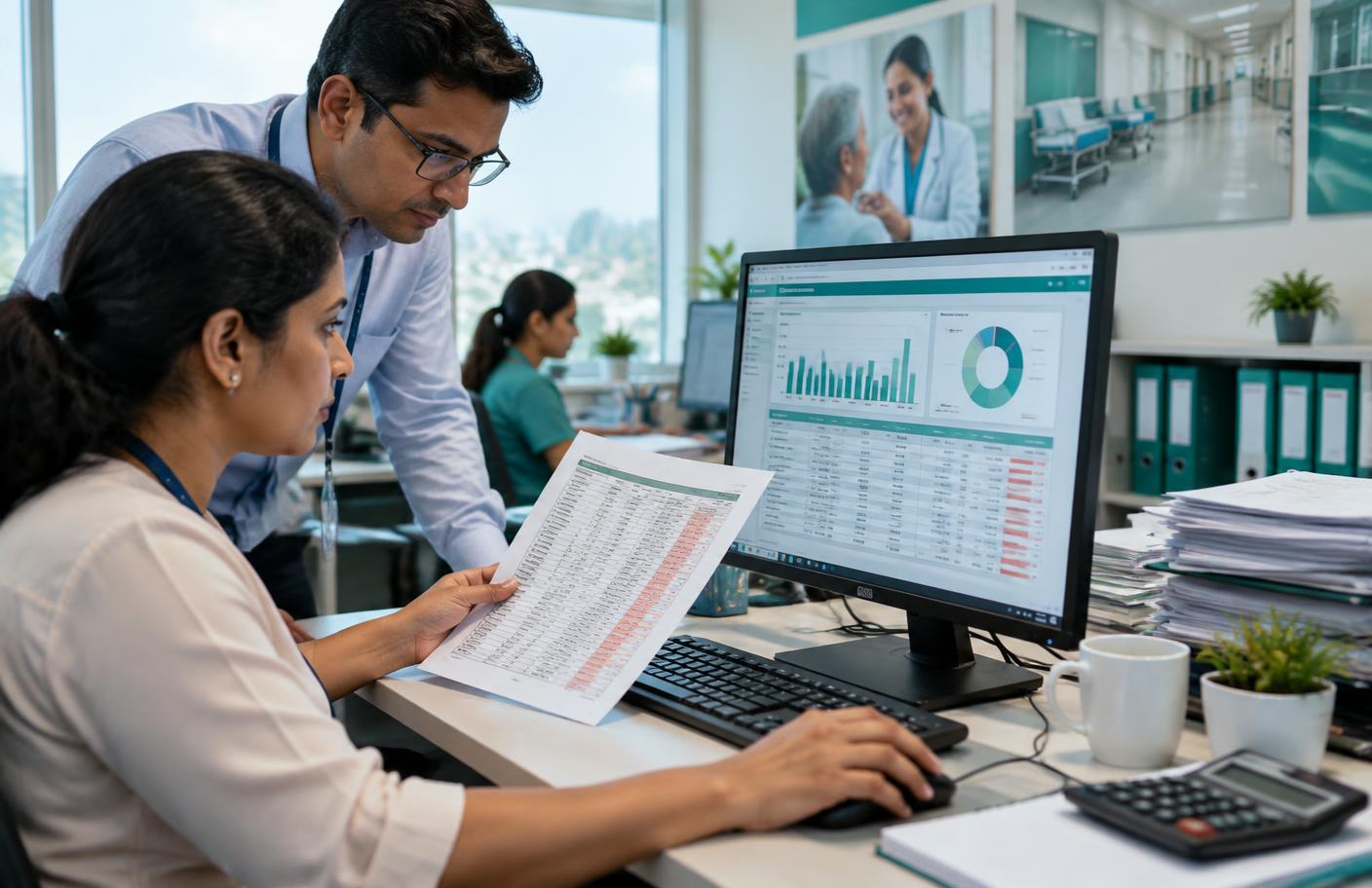 Indian hospital finance team reconciling a bulk insurance payment against patient claims and deductions