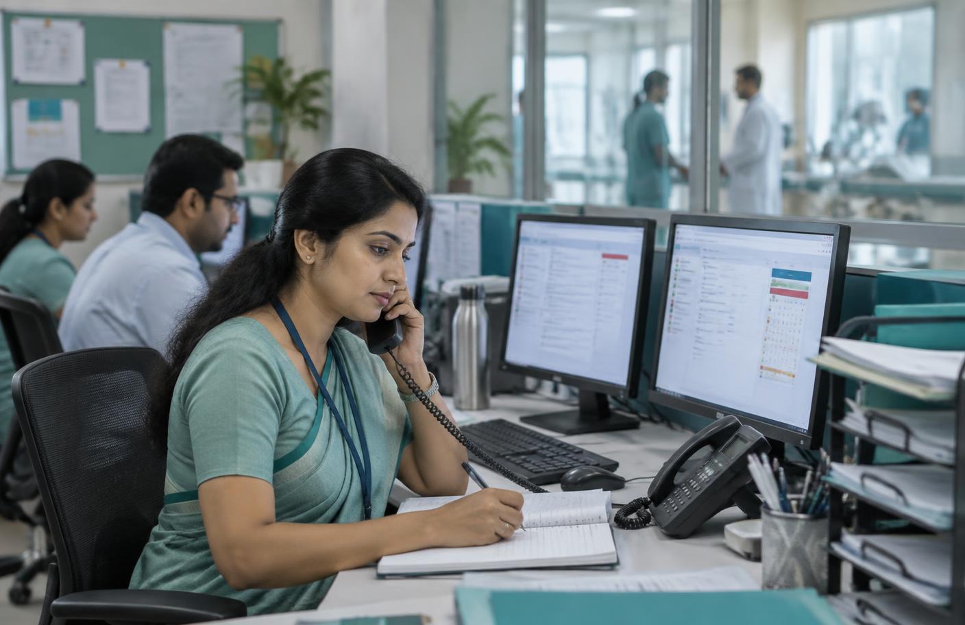 Hospital insurance desk specialist triaging payer queries and deadlines across multiple systems