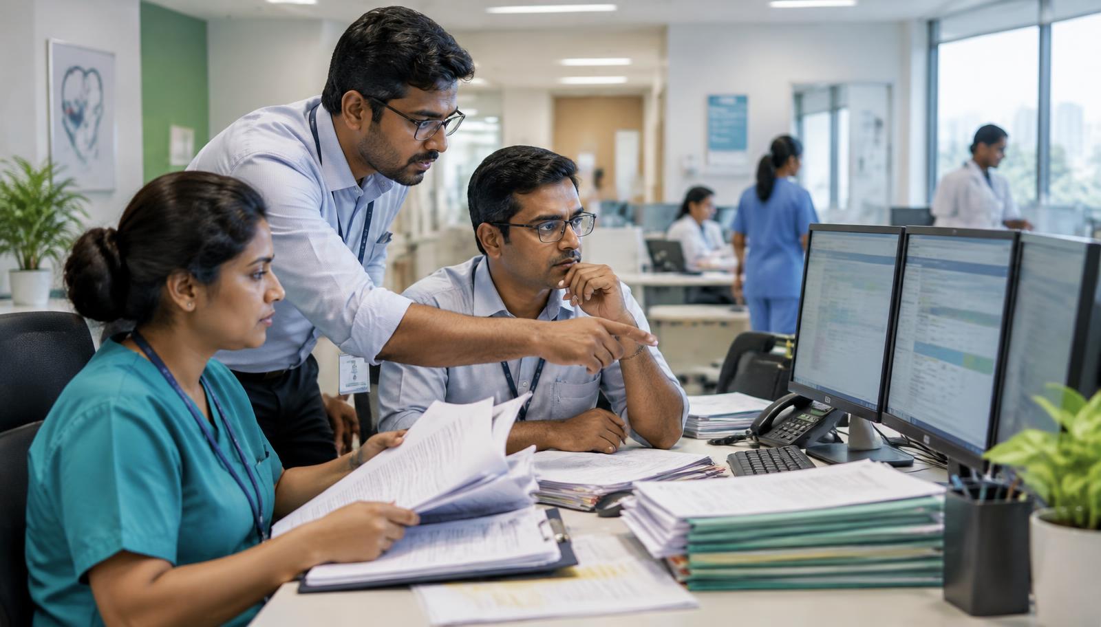 Indian hospital insurance and revenue-cycle team reviewing TPA claims across multiple systems